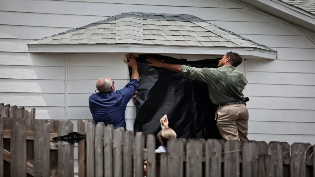 This image shows investigators covering a window with black plastic sheeting at the Port St. Lucie, Florida home of Blake and Mary Jo Hadley following their murders in July 2011.