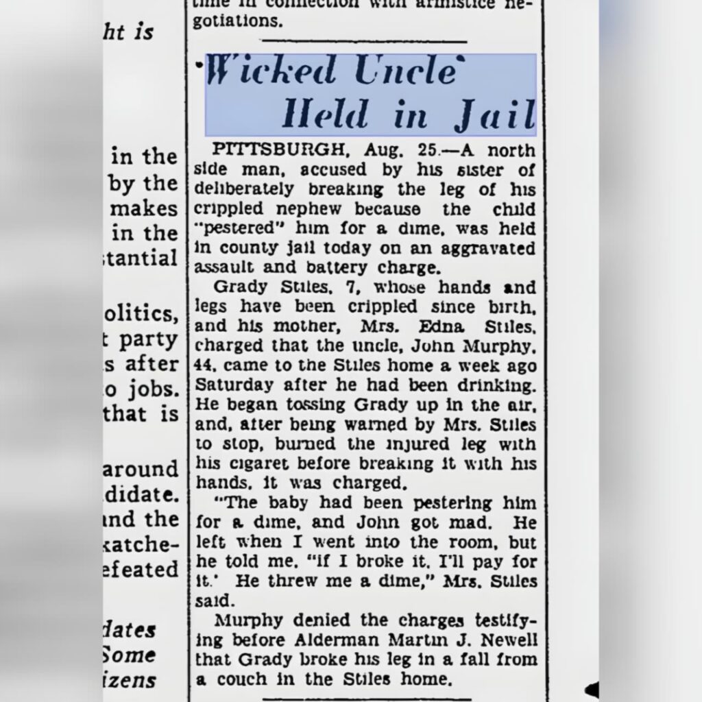 1944 newspaper clipping about Grady Stiles being attacked by his uncle John Murphy.