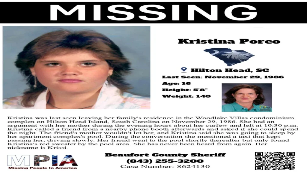 Missing-person poster featuring Kristina Porco and details about her 1986 disappearance.