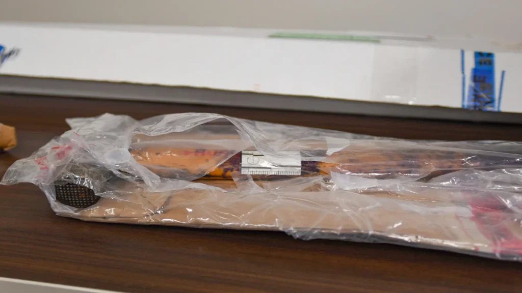 Claw hammer used by Tyler Hadley to murder his parents, Blake and Mary Jo Hadley, sealed inside a plastic evidence bag at the St. Lucie County Courthouse.