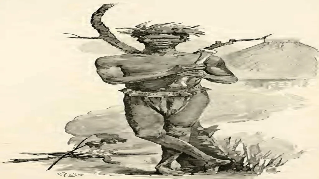 Historical Herbert Ward illustration depicting a cannibal scene around a fire.