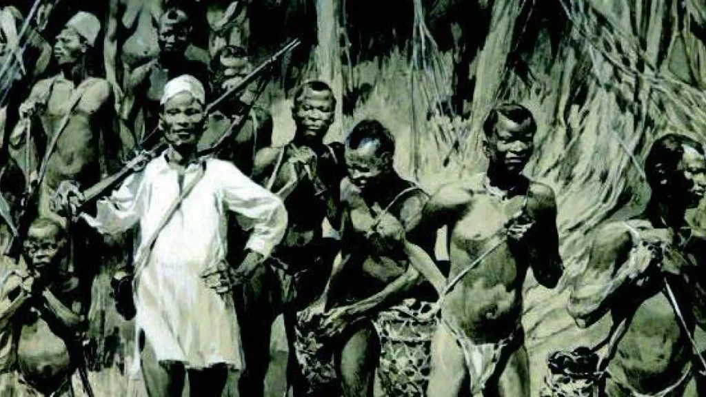Armed ABIR Company sentry leading a group of captives and rubber workers through the Congo rainforest.