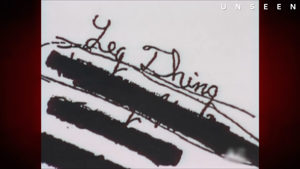 Close-up of a page from a notebook found in Joseph Clark’s home, showing handwritten names and heavily blacked-out entries, as featured in the Unseen documentary.