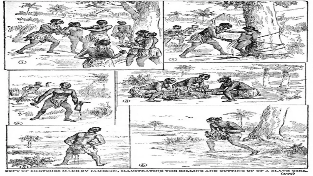 Historical reconstruction of James Sligo Jameson’s sketches showing the killing of an enslaved girl in the Congo.