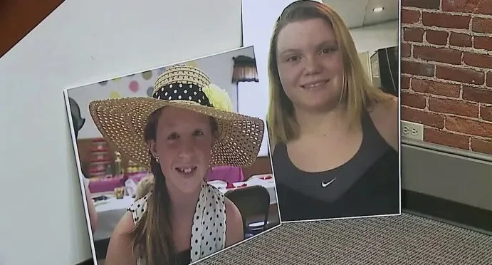 Family photographs of two teenage girls, identified as Abby Williams and Libby German, displayed side by side; Abby wears a wide-brimmed hat and polka-dot scarf, while Libby smiles in a black sleeveless top.
