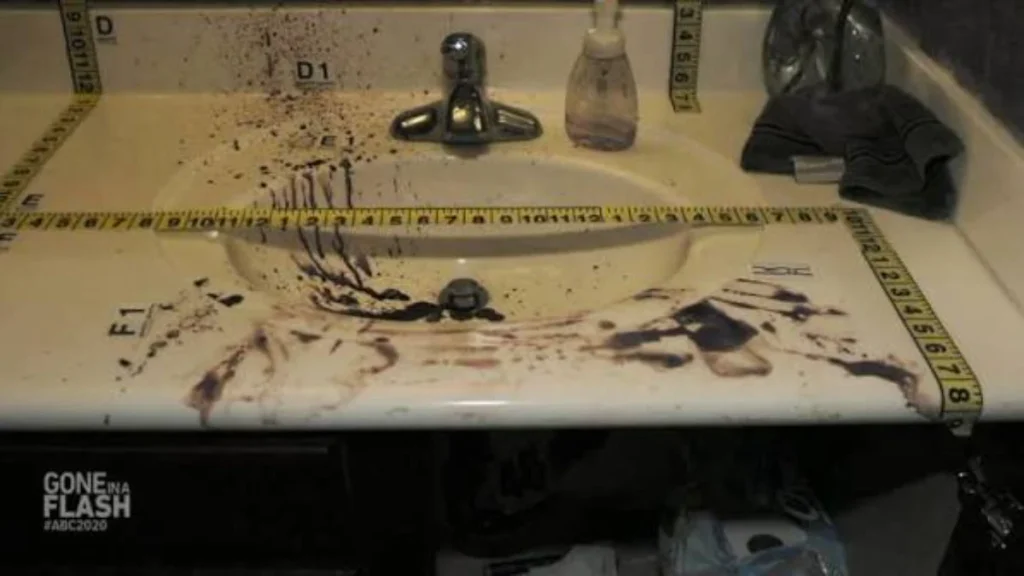 Crime scene photograph from the master bathroom of Travis Alexander's Mesa, Arizona residence
