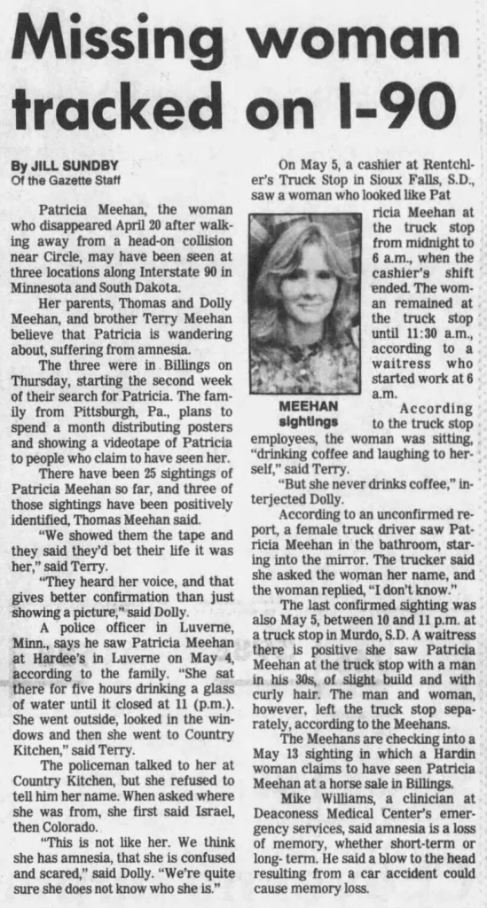 Newspaper clipping headlined “Missing woman tracked on I-90,” reporting possible sightings of Patricia Meehan after her April 20 disappearance, with a small photograph of Meehan and details of her family’s search across Minnesota and South Dakota.