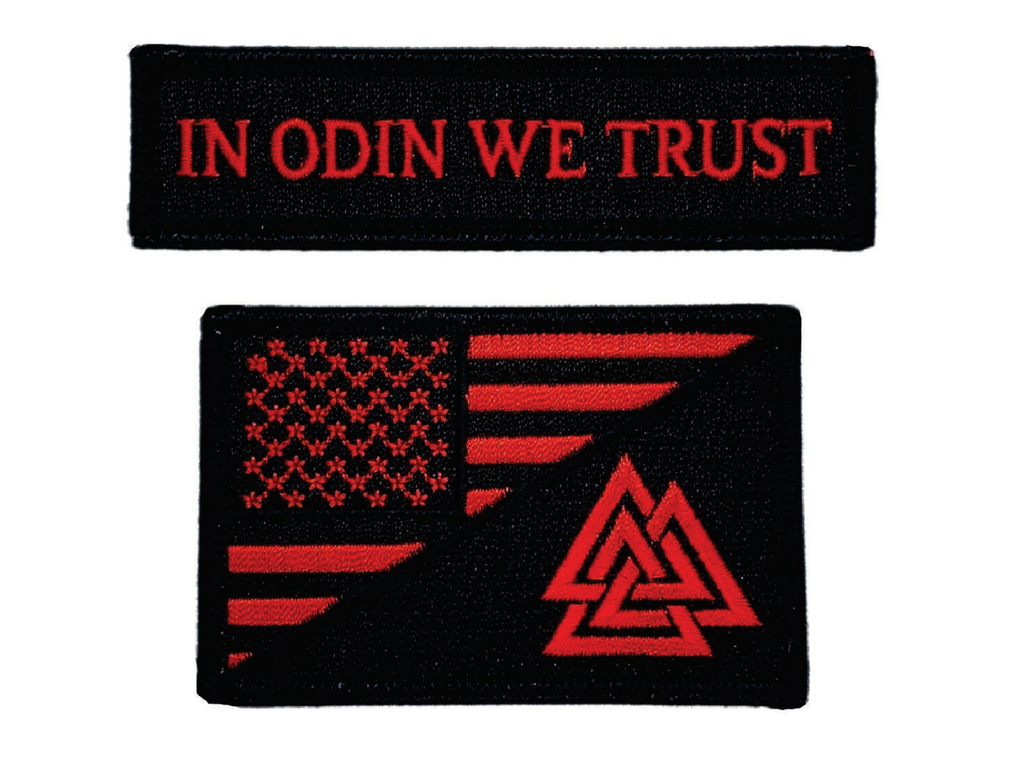 Two black embroidered patches allegedly worn by Richard Allen’s transport guards on April 3, 2023: one reads “IN ODIN WE TRUST” in red lettering, while the other features a red-and-black American flag design with a Valknut symbol. Image included in a memorandum filed by Allen’s defence lawyers.