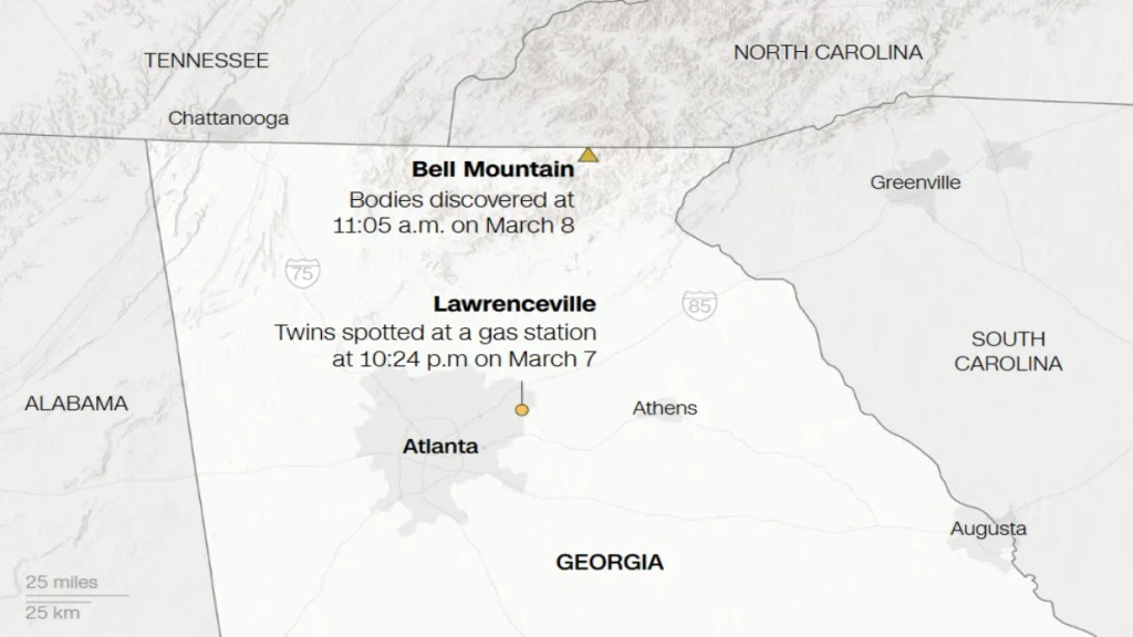 Map showing the route from Lawrenceville to Bell Mountain taken by Qaadir and Naazir Lewis.
