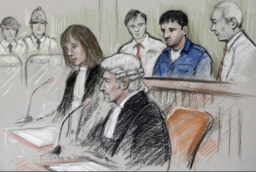 A Courtroom sketch of Stephen Griffiths in court. Cameras had been strictly prohibited during the proceedings, making sketches of utmost importance. This was drawn by Elizabeth Cook, from The Mirror.