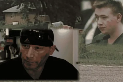 Composite image showing Thad Phillips as an adult during an interview, Joseph Clark appearing in court as a teenager, and a rural house associated with the case in the background.