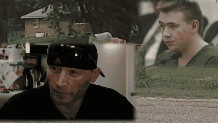Composite image showing Thad Phillips as an adult during an interview, Joseph Clark appearing in court as a teenager, and a rural house associated with the case in the background.