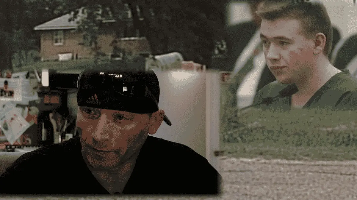 Composite image showing Thad Phillips as an adult during an interview, Joseph Clark appearing in court as a teenager, and a rural house associated with the case in the background.