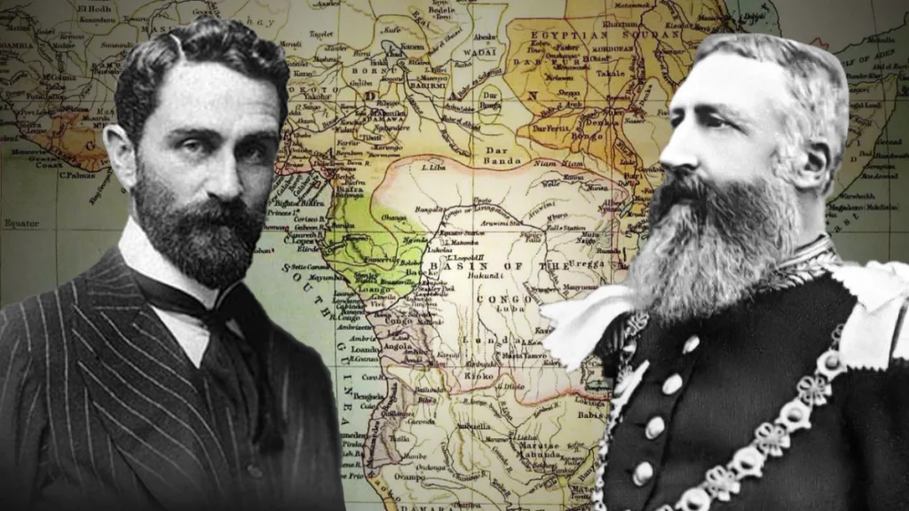 Roger Casement and King Leopold II pictured over a historical map of the Congo Free State.