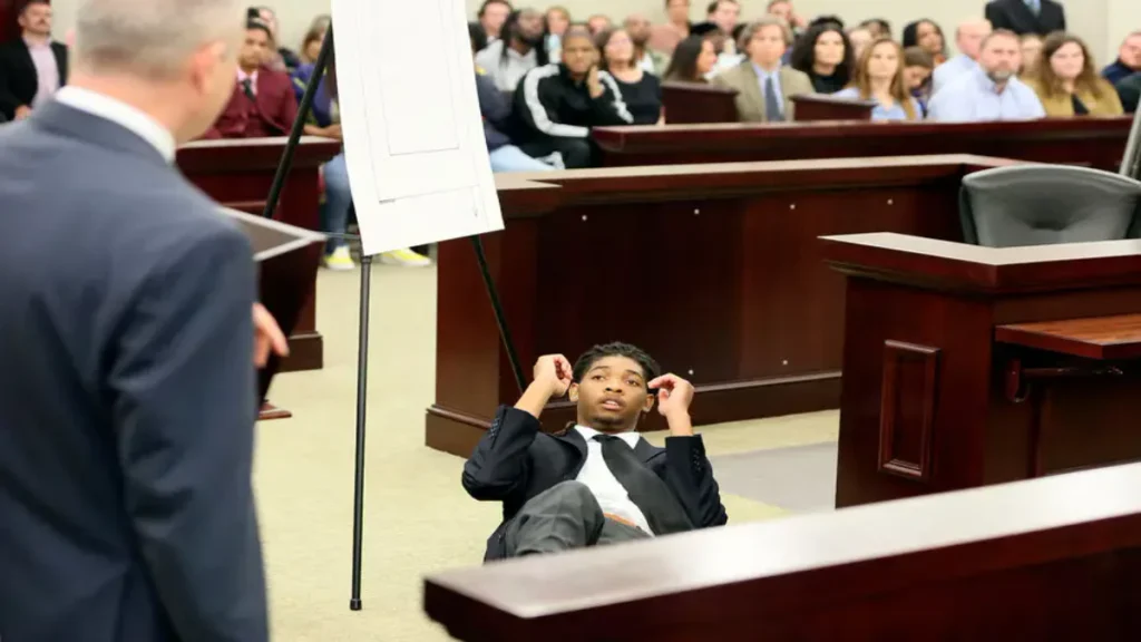 Isimemen David Etute demonstrates the altercation he was involved in to as Chief Deputy Commonwealth's Attorney Patrick Jensen, left, looks on in Montgomery County Circuit Court in Christiansburg Va., Thursday May 26 2022