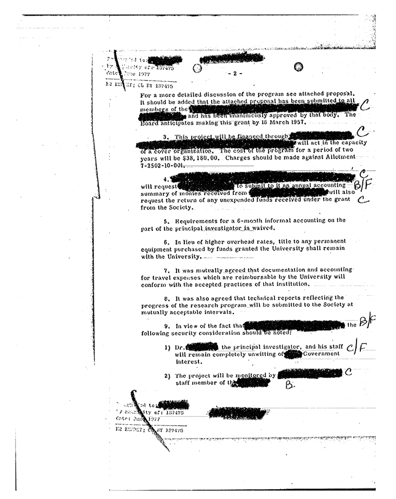 Typewritten CIA memorandum with black redactions, handwritten notes and security provisions near the bottom.