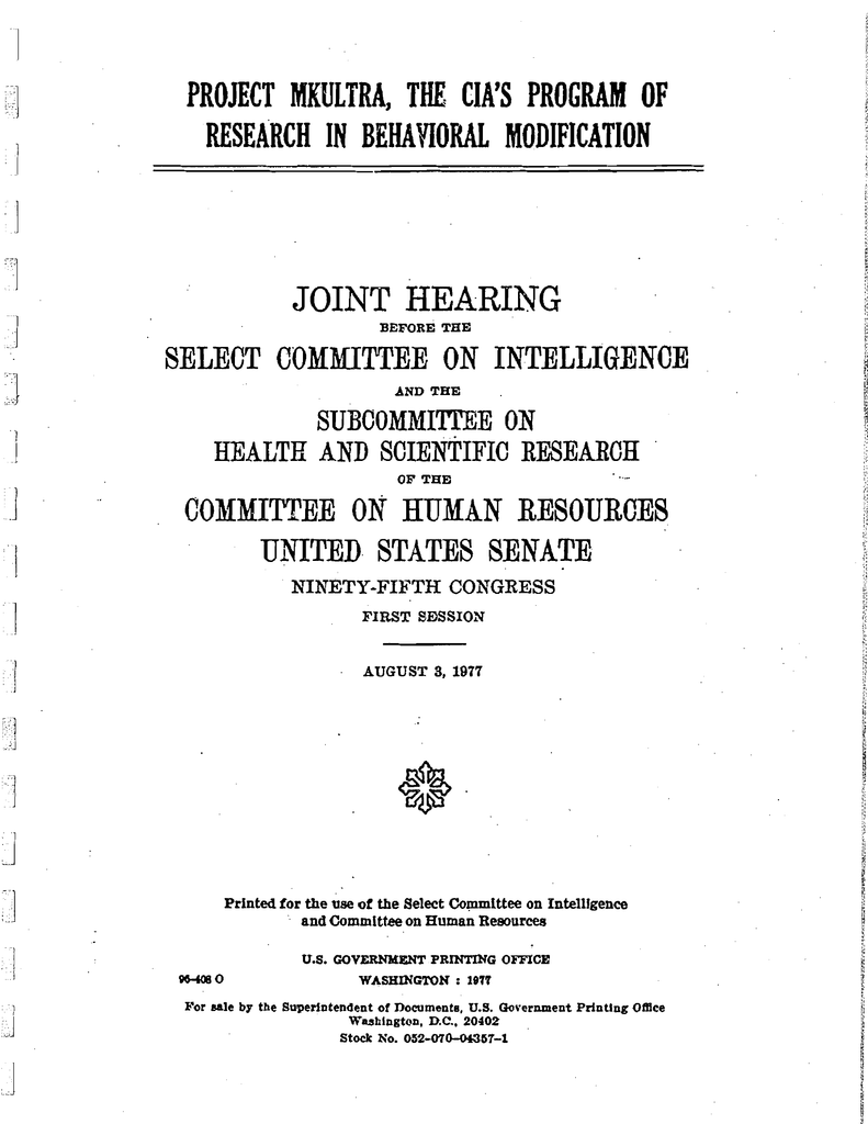 Title page of the U.S. Senate’s joint hearing on Project MKULTRA, dated August 3, 1977.