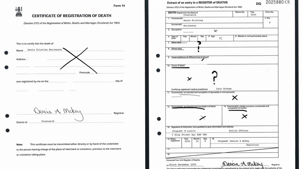 Side-by-side images of Annie Kristina Börjesson’s Scottish death registration certificate and register entry from December 2005, showing her name and registration details, with several personal details and the cause of death obscured by black markings.