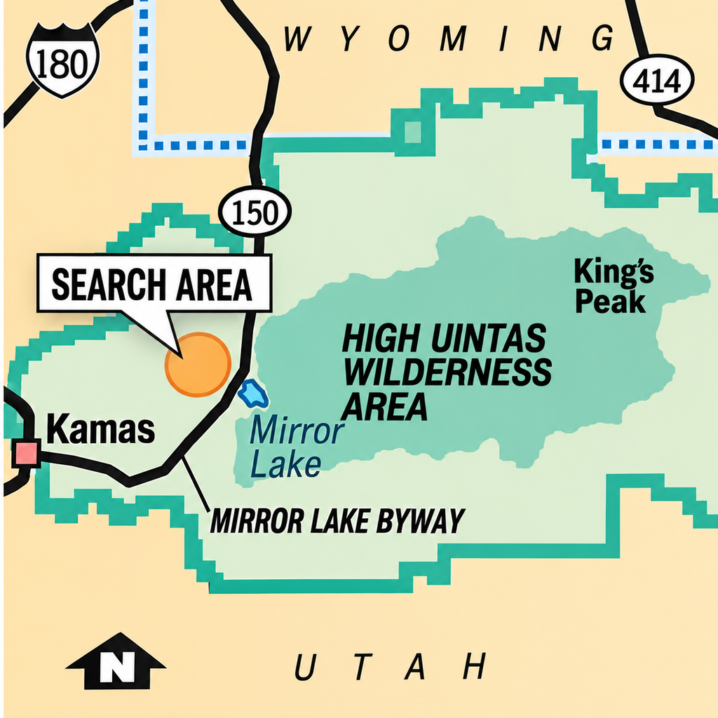 Map of Utah’s High Uintas Wilderness Area showing the search area for missing 12-year-old Garrett Bardsley near Mirror Lake, with Kamas, King’s Peak, and Mirror Lake Byway marked.