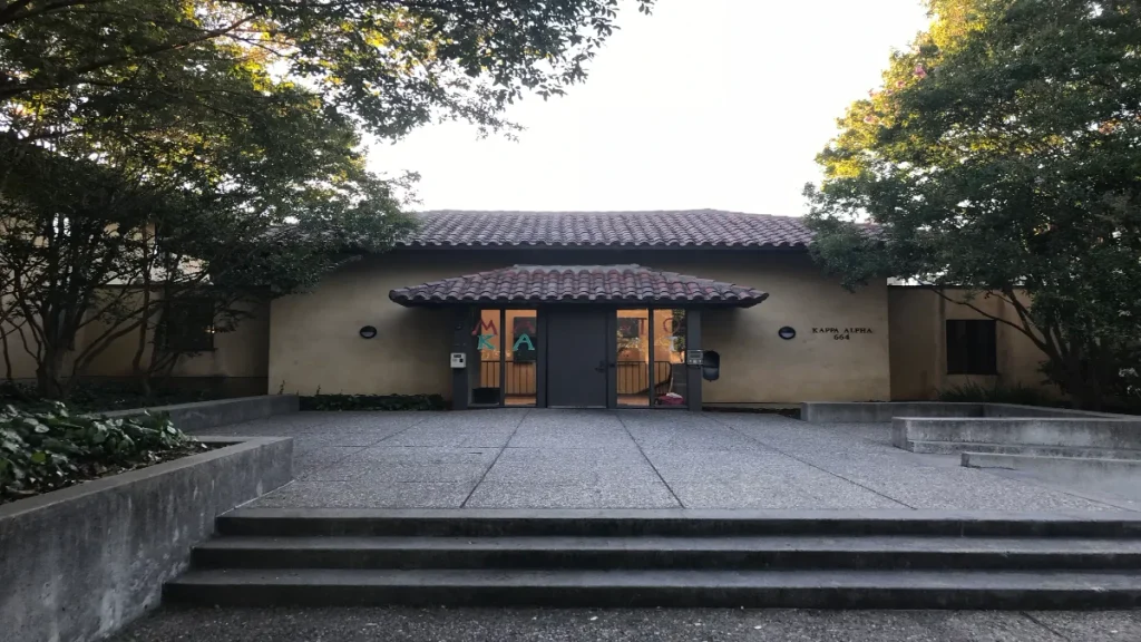The front entrance of the Kappa Alpha fraternity house at 664 Lomita Court on the Stanford University campus, the location of the party attended by Chanel Miller and Brock Turner prior to the January 2015 assault.
