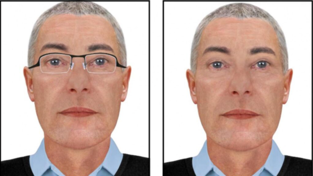 Forensic facial reconstruction showing two front-facing depictions of the unidentified man known as “Sligo Man” or “Peter Bergmann,” one with glasses and one without, created to support identification appeals after his body was found in County Sligo, Ireland, in June 2009