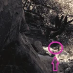 Saylor Guilliams is barely visible among rocks near Tangerine Falls, highlighted by a pink circle and arrow in a photo taken before hikers realized she was there.