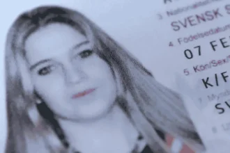Close-up of Annie Börjesson’s Swedish passport, showing her identification photograph alongside personal details. The passport was found among her belongings after her body was discovered on Prestwick Beach in Scotland in December 2005.