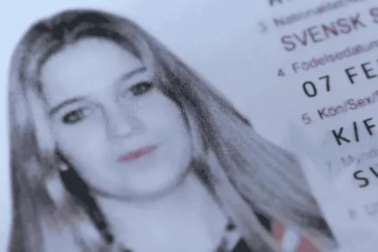 Close-up of Annie Börjesson’s Swedish passport, showing her identification photograph alongside personal details. The passport was found among her belongings after her body was discovered on Prestwick Beach in Scotland in December 2005.