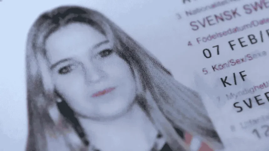 Close-up of Annie Börjesson’s Swedish passport, showing her identification photograph alongside personal details. The passport was found among her belongings after her body was discovered on Prestwick Beach in Scotland in December 2005.