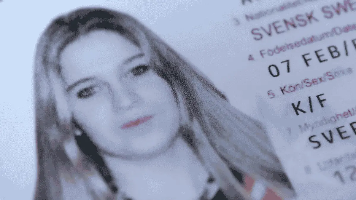 Close-up of Annie Börjesson’s Swedish passport, showing her identification photograph alongside personal details. The passport was found among her belongings after her body was discovered on Prestwick Beach in Scotland in December 2005.