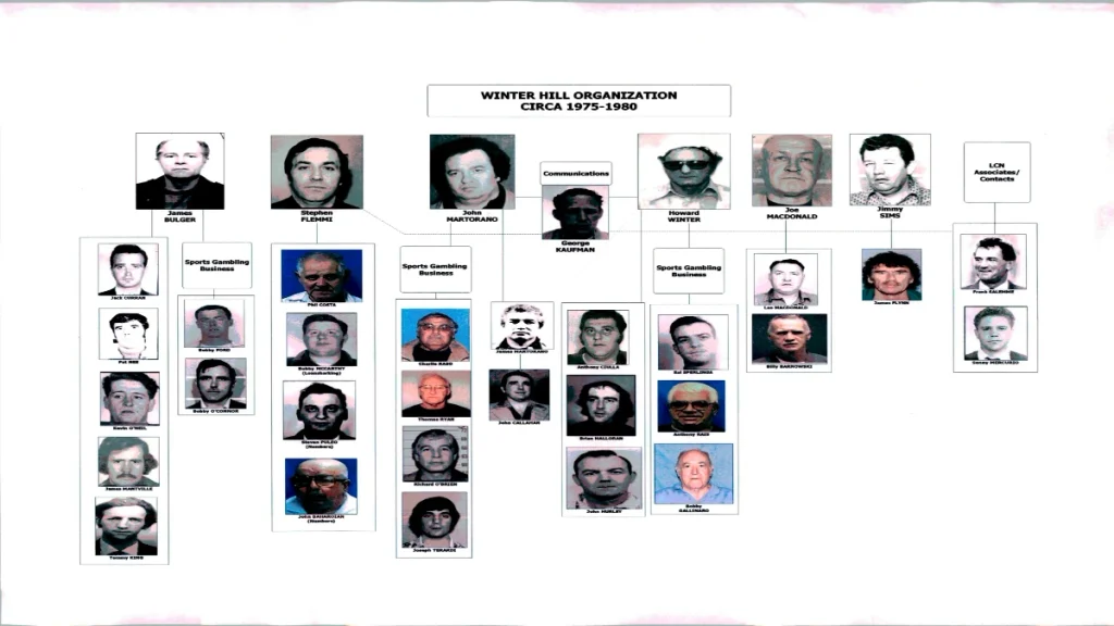 An FBI organizational chart mapping the hierarchy of the Winter Hill Gang, a prominent Irish-American organized crime syndicate in Boston, Massachusetts, between 1975 and 1980.