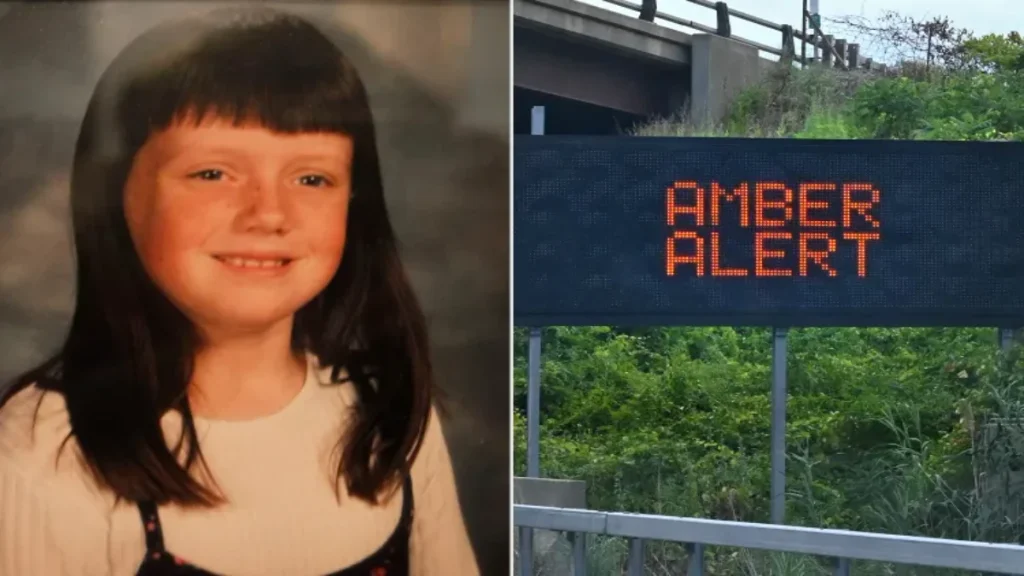 Amber Hagerman ; An electric road sign along I-87 shows an Amber Alert message on July 20, 2025 in Colonie, N.Y.