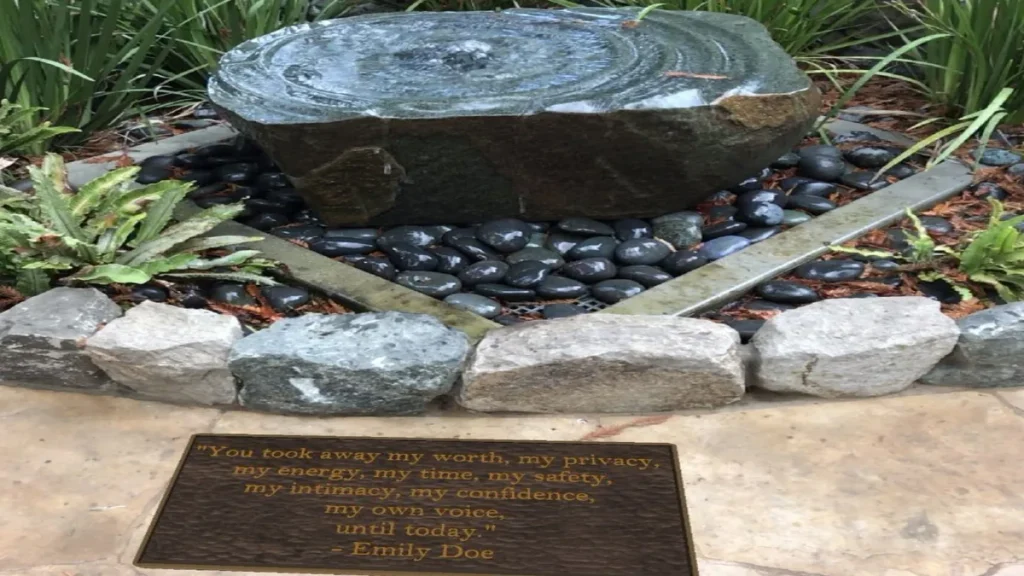 The augmented reality plaque - the final version saw the name Emily Doe replaced with Chanel Miller.