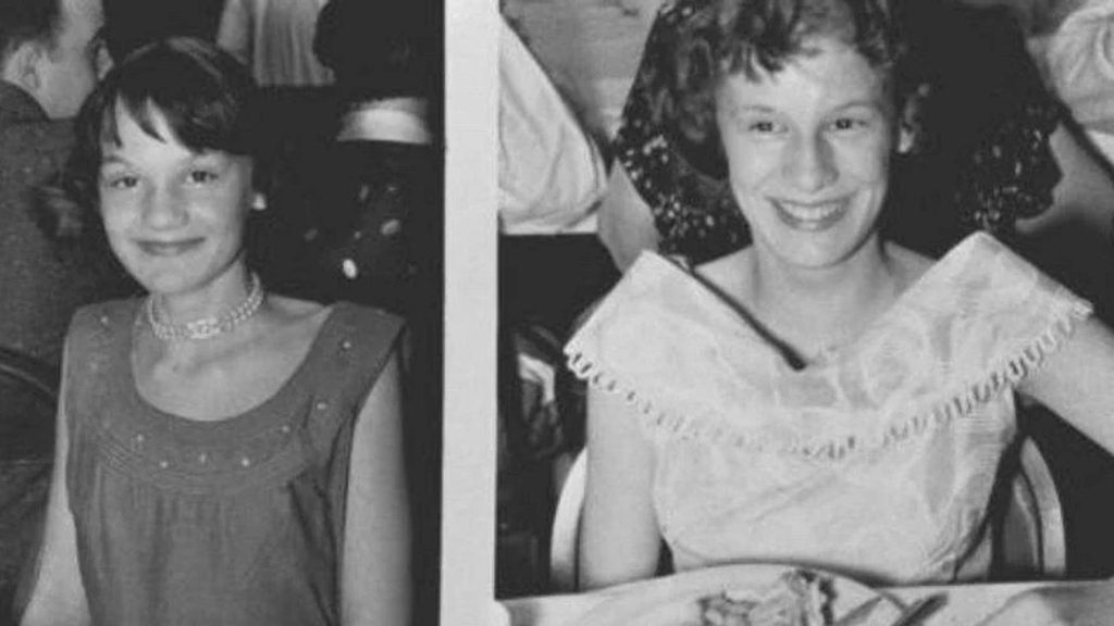 Black-and-white portraits of sisters Barbara and Patricia Grimes.