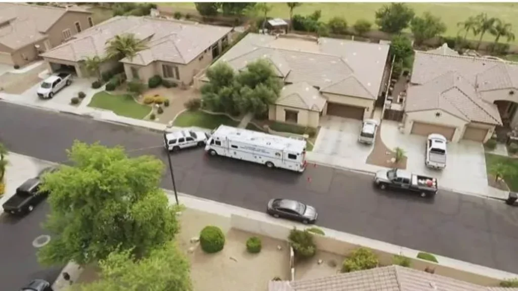 An aerial drone view captures Chandler Police Department forensic units and emergency vehicles staged outside the rental home of Lori Vallow Daybell at 5650 S. Four Peaks Place in Chandler, Arizona. 