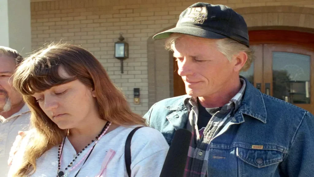 Donna Whitson and Richard Hagerman, parents of Amber Hagerman, speak outside the Arlington Funeral Home on Friday morning, Jan. 19, 1996.